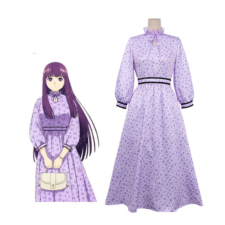 葬送のフリーレン フェルン コスプレ衣装 紫色 小花柄 ワンピース-1