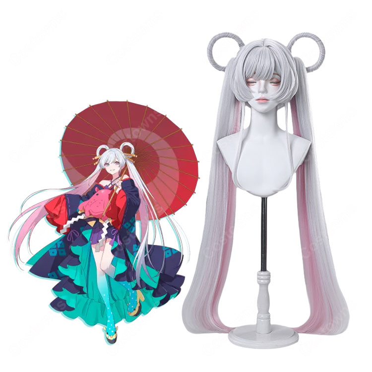 超かぐや姫！ 月見ヤチヨ コスプレウィッグ シルバー ピンク インナーカラー リング造形済み 耐熱 COSTOWNS-1