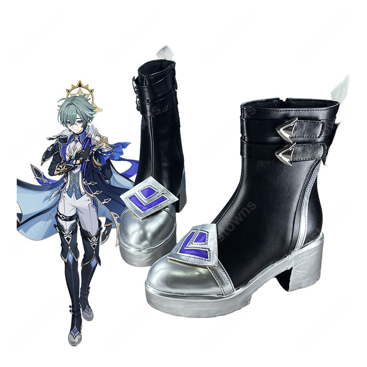 原神 ローエン コスプレ靴 シルバーアクセント ブーツ COSTOWNS-1