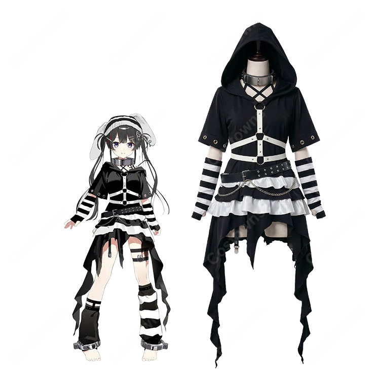 にじさんじ 月ノ美兎 セルメイツ 囚人服 コスプレ衣装 うさ耳 フード付き ボーダー柄-1