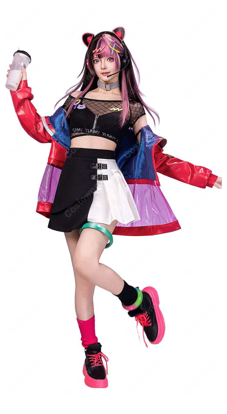 BanG Dream! 夢限大みゅーたいぷ 千石ユノ コスプレ衣装 ステージ服 ネコ耳ヘッドホン付き フルセット-2