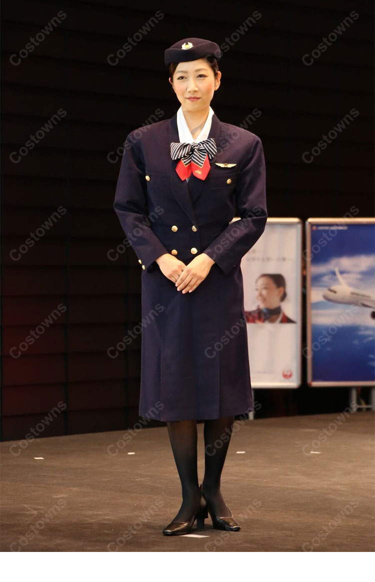 JAL CA 7代目制服 日本航空 客室乗務員 コスプレ衣装 ミリタリー調 ダブルジャケット 帽子・タイ付き フルセット-1