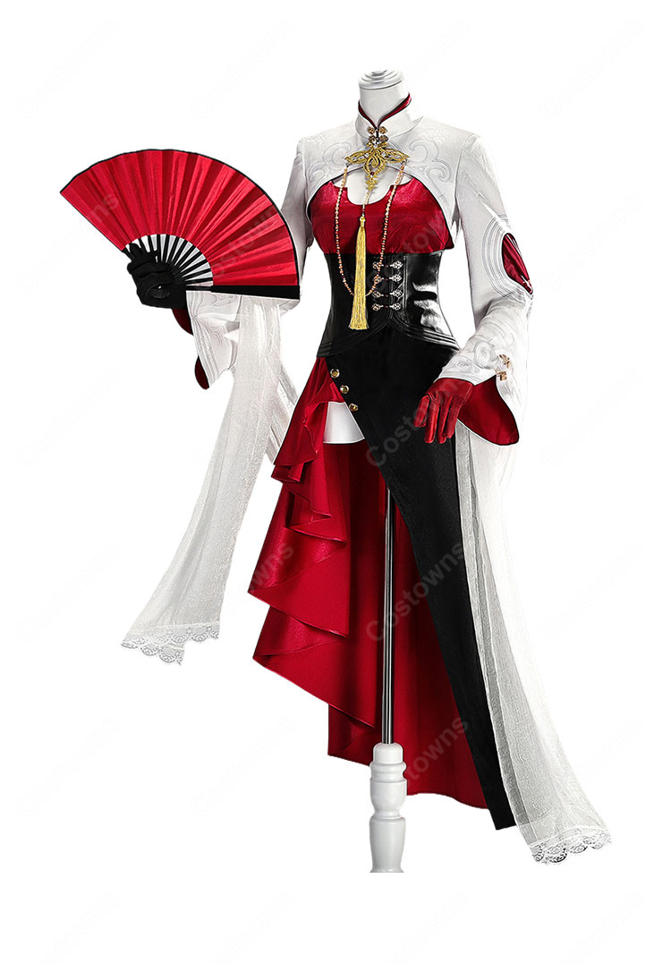 鳴潮 長離 綺夢幻影Ver. コスプレ衣装 白・赤・黒のチャイナ風ロングドレス 帽子・コルセットベルト・手袋付き 撮影向け-3