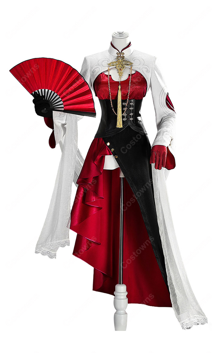 鳴潮 長離 綺夢幻影Ver. コスプレ衣装 白・赤・黒のチャイナ風ロングドレス 帽子・コルセットベルト・手袋付き 撮影向け-2