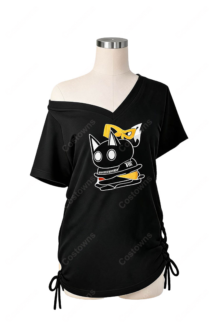 hololive 白上フブキ 新衣装 部屋着Tシャツ コスプレ衣装 黒Vネック カジュアル撮影向け-2
