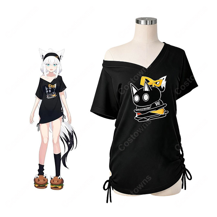 hololive 白上フブキ 新衣装 部屋着Tシャツ コスプレ衣装 黒Vネック カジュアル撮影向け-1