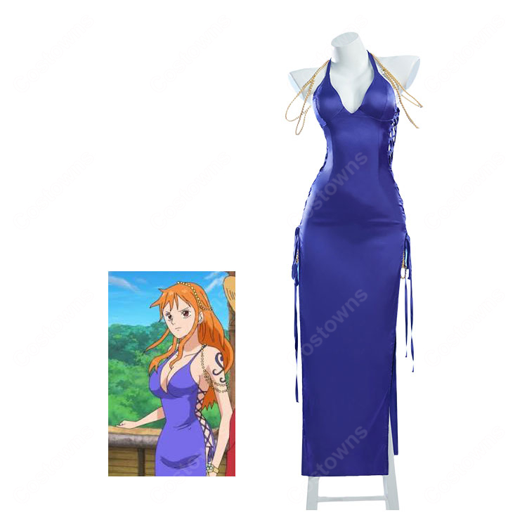 ONE PIECE ゾウ編 ナミ コスプレ衣装 パープルドレス パールチェーン付き 撮影イベント向け-1