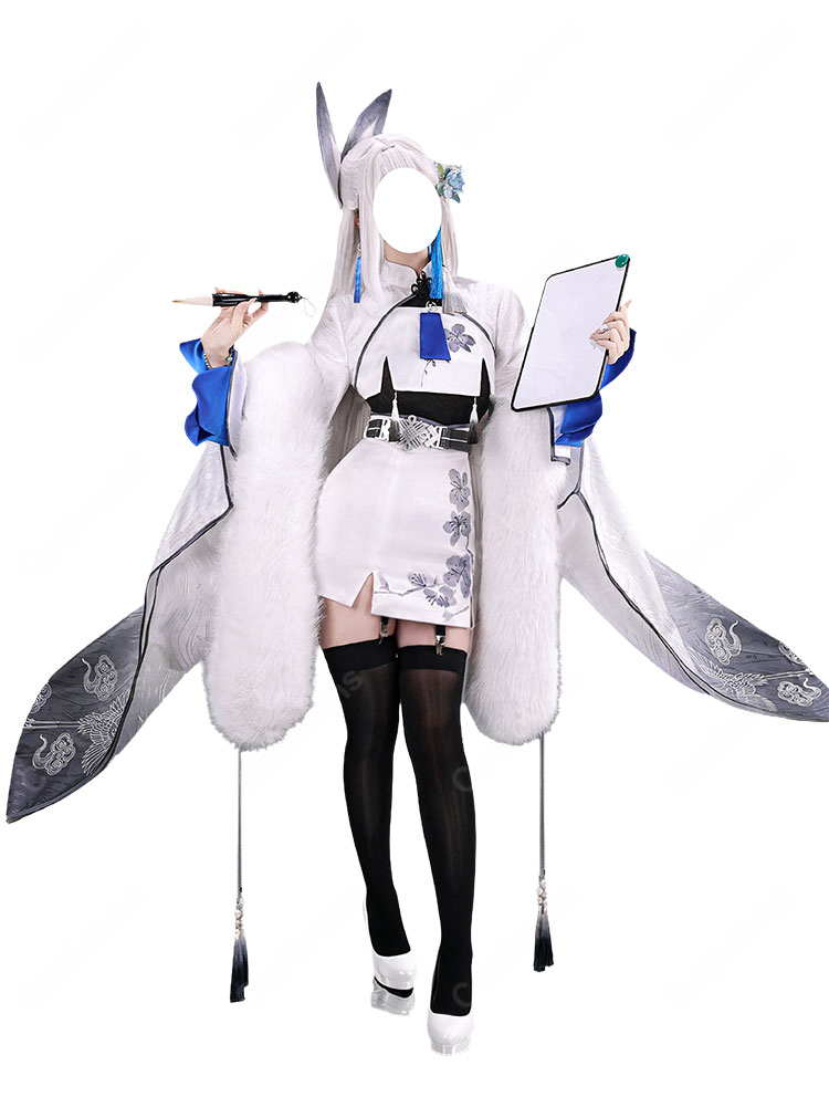 勝利の女神:NIKKE シラツル コスプレ衣装 白×ブルーのファーショール付き デフォルト衣装-2