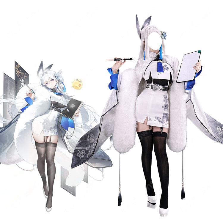 勝利の女神:NIKKE シラツル コスプレ衣装 白×ブルーのファーショール付き デフォルト衣装-1