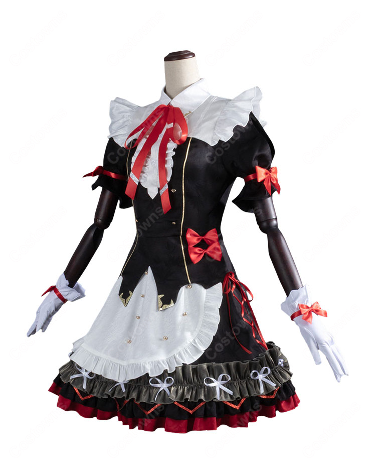 鳴潮 朽葉千咲 墜夢奇境 コスプレ衣装 メイド風フリルセット ブラック×レッド 小物付き イベント撮影向け-2