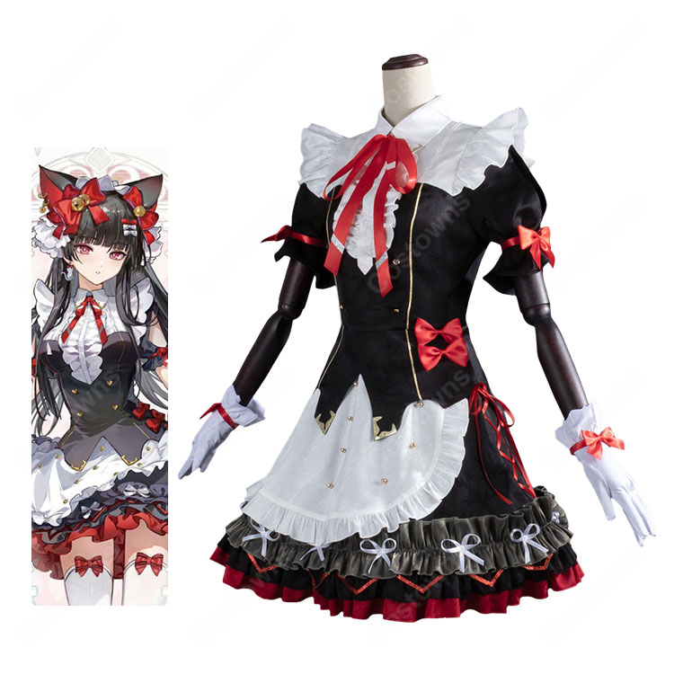 鳴潮 朽葉千咲 墜夢奇境 コスプレ衣装 メイド風フリルセット ブラック×レッド 小物付き イベント撮影向け-1