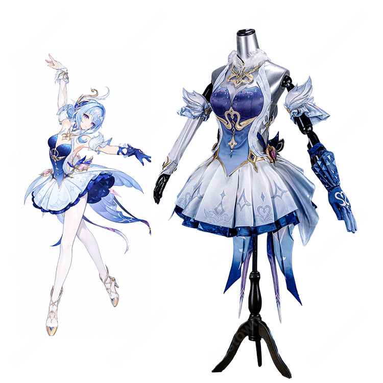 原神 オデット コスプレ衣装 コロレフスキー劇団プリンシパル 青白バレエ風ドレス 髪飾り・手袋・装飾セット-1