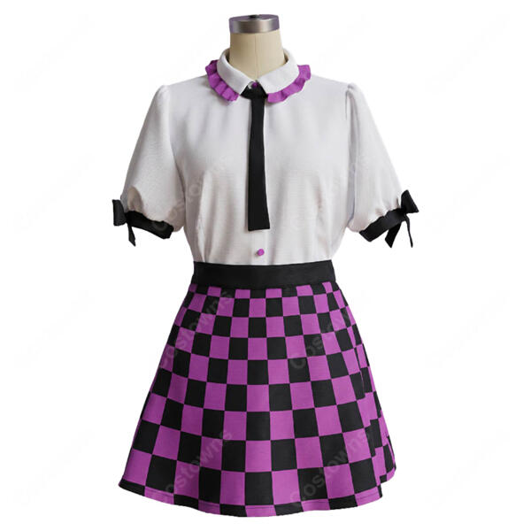東方Project 姫海棠はたて 制服 コスプレ衣装 紫×黒チェック柄スカート＆髪飾り付き4点セット元の画像