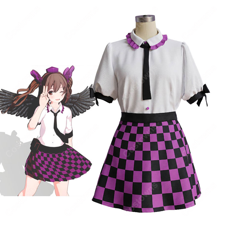 東方Project 姫海棠はたて 制服 コスプレ衣装 紫×黒チェック柄スカート&髪飾り付き4点セット-1
