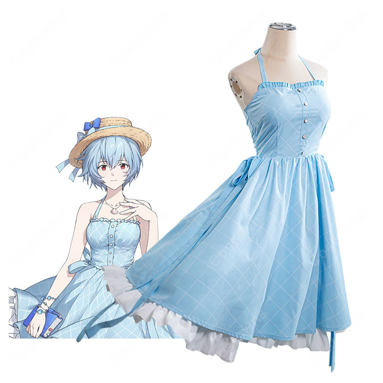 新世紀エヴァンゲリオン 綾波レイ「Sea Breeze」シリーズ第3弾 コスプレ衣装 夏ワンピース・麦わら帽子・アクセサリーセット-1