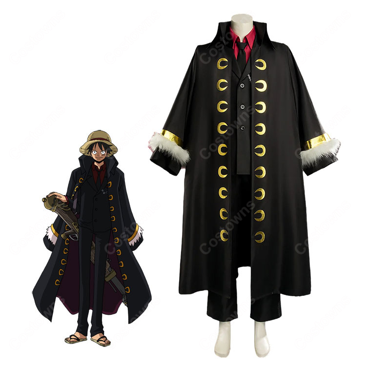 ONE PIECE FILM STRONG WORLD モンキー・D・ルフィ コスプレ衣装 黒スーツ&ロングマント-1