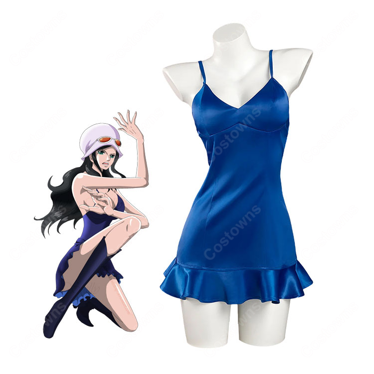 ONE PIECE(ワンピース)ドレスローザ編 ニコ・ロビン コスプレ衣装 ブルーミニワンピース&白帽子セット-1