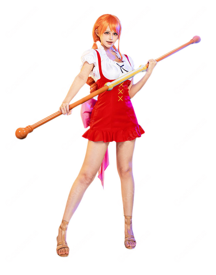 ONE PIECE ホールケーキアイランド編 ナミ コスプレ衣装 赤いコルセット風ワンピース&背面リボンセット-4