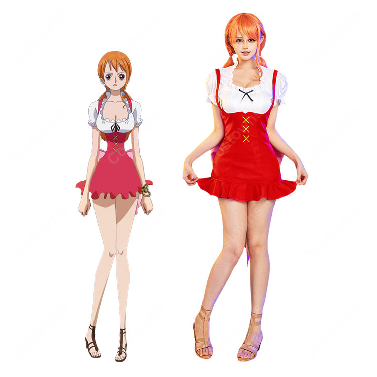 ONE PIECE ホールケーキアイランド編 ナミ コスプレ衣装 赤いコルセット風ワンピース&背面リボンセット-1