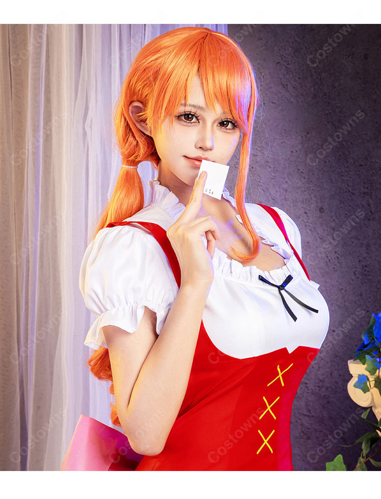 ONE PIECE ホールケーキアイランド編 ナミ コスプレ衣装 赤いコルセット風ワンピース&背面リボンセット-6
