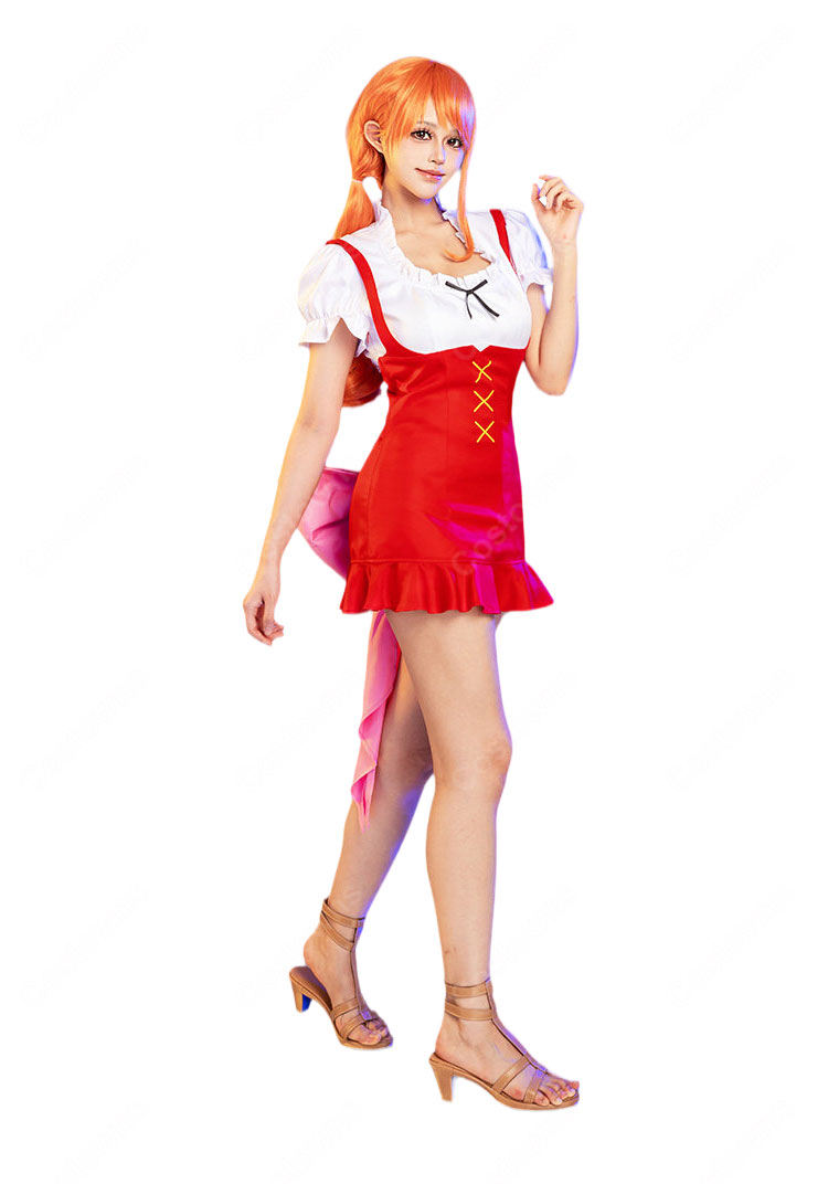 ONE PIECE ホールケーキアイランド編 ナミ コスプレ衣装 赤いコルセット風ワンピース&背面リボンセット-3