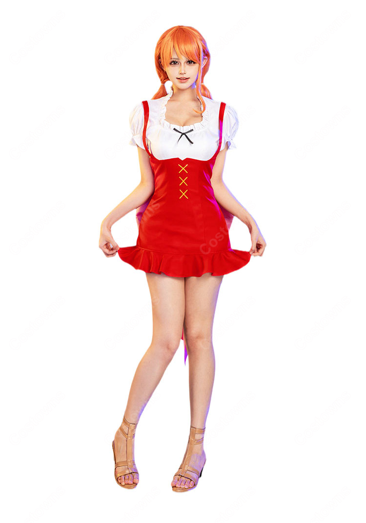 ONE PIECE ホールケーキアイランド編 ナミ コスプレ衣装 赤いコルセット風ワンピース&背面リボンセット-2