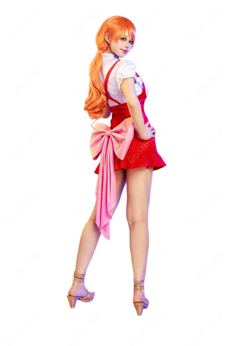 ONE PIECE ホールケーキアイランド編 ナミ コスプレ衣装 赤いコルセット風ワンピース&背面リボンセット-5