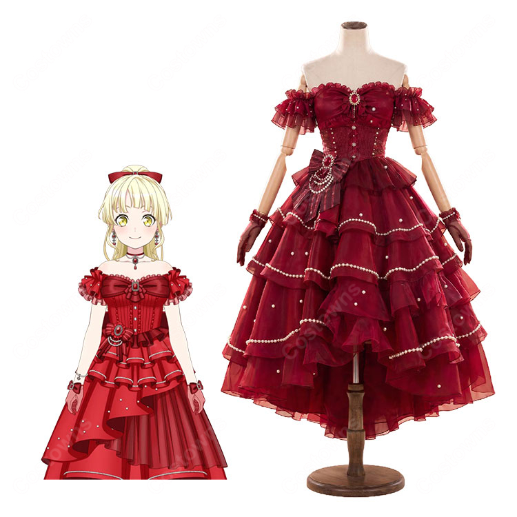 バンドリ！ ガールズバンドパーティ！ 弦巻こころ［夢みたいな］特訓後 コスプレ衣装 深紅のフリルドレス・手袋・髪飾りセット-1