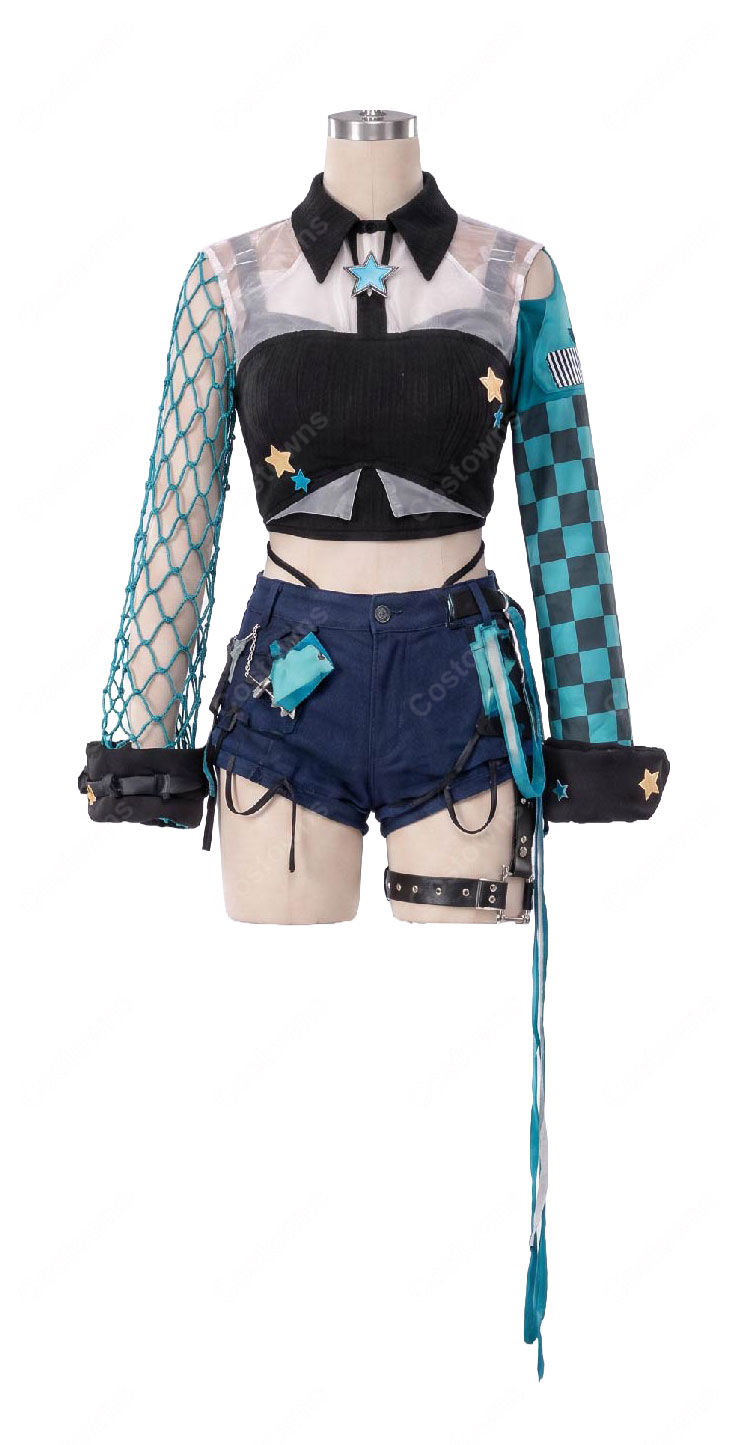 ホロライブ 輪堂千速 Harajuku original vol.1 原宿コスプレ衣装 左右非対称トップス・ショートパンツセット-2