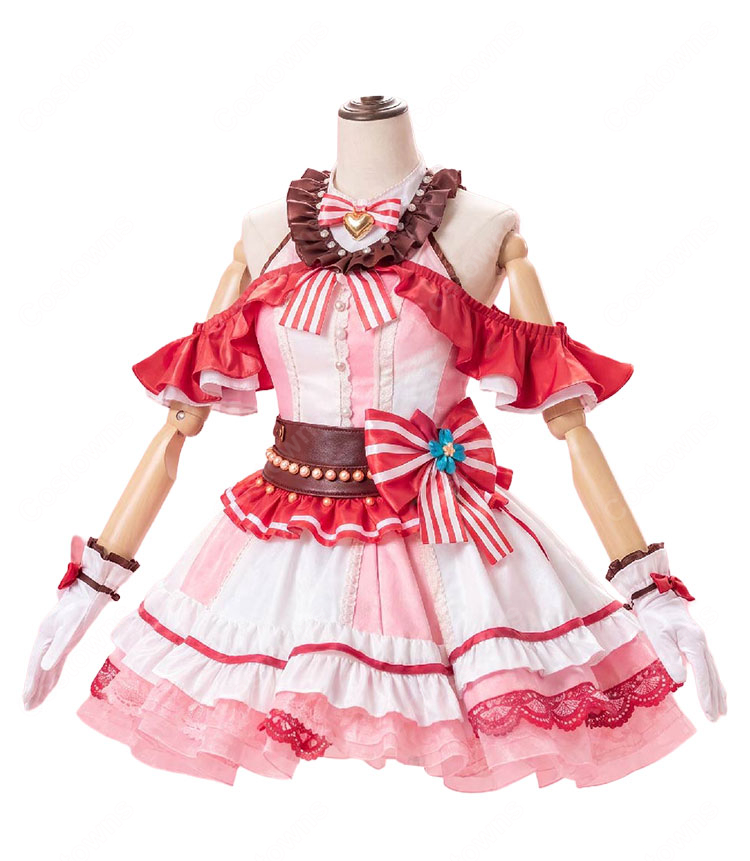バンドリ! ガールズバンドパーティ! 丸山彩 コスプレ衣装 ピンク×ホワイト フリルドレス・手袋・装飾セット-2