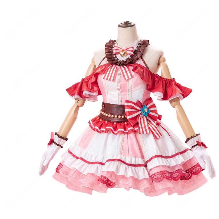バンドリ! ガールズバンドパーティ! 丸山彩 コスプレ衣装 ピンク×ホワイト フリルドレス・手袋・装飾セット-1