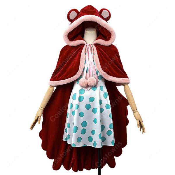 ONE PIECE ワンピース シュガー ドレスローザ編 コスプレ衣装 赤いフード付きケープ・水玉ワンピース・王冠・眼鏡フレームセット S～XXL元の画像