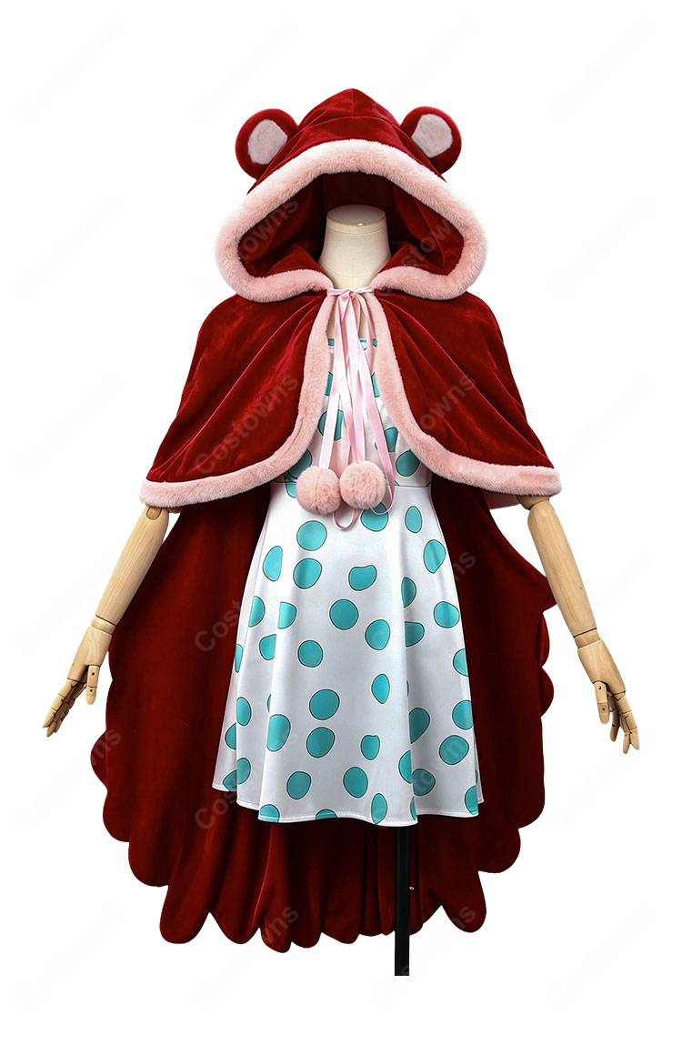 ONE PIECE ワンピース シュガー ドレスローザ編 コスプレ衣装 赤いフード付きケープ・水玉ワンピース・王冠・眼鏡フレームセット S~XXL-2