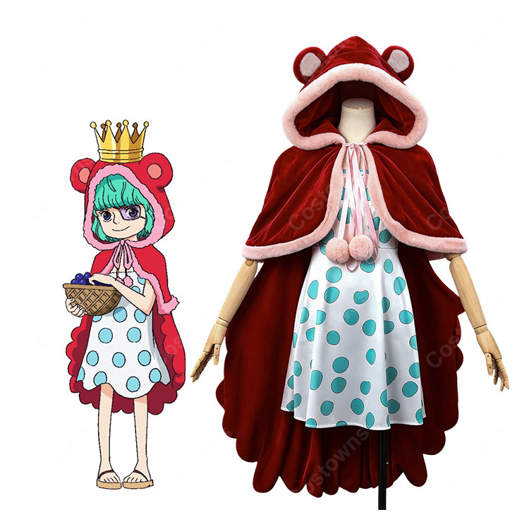 ONE PIECE ワンピース シュガー ドレスローザ編 コスプレ衣装 赤いフード付きケープ・水玉ワンピース・王冠・眼鏡フレームセット S~XXL-1