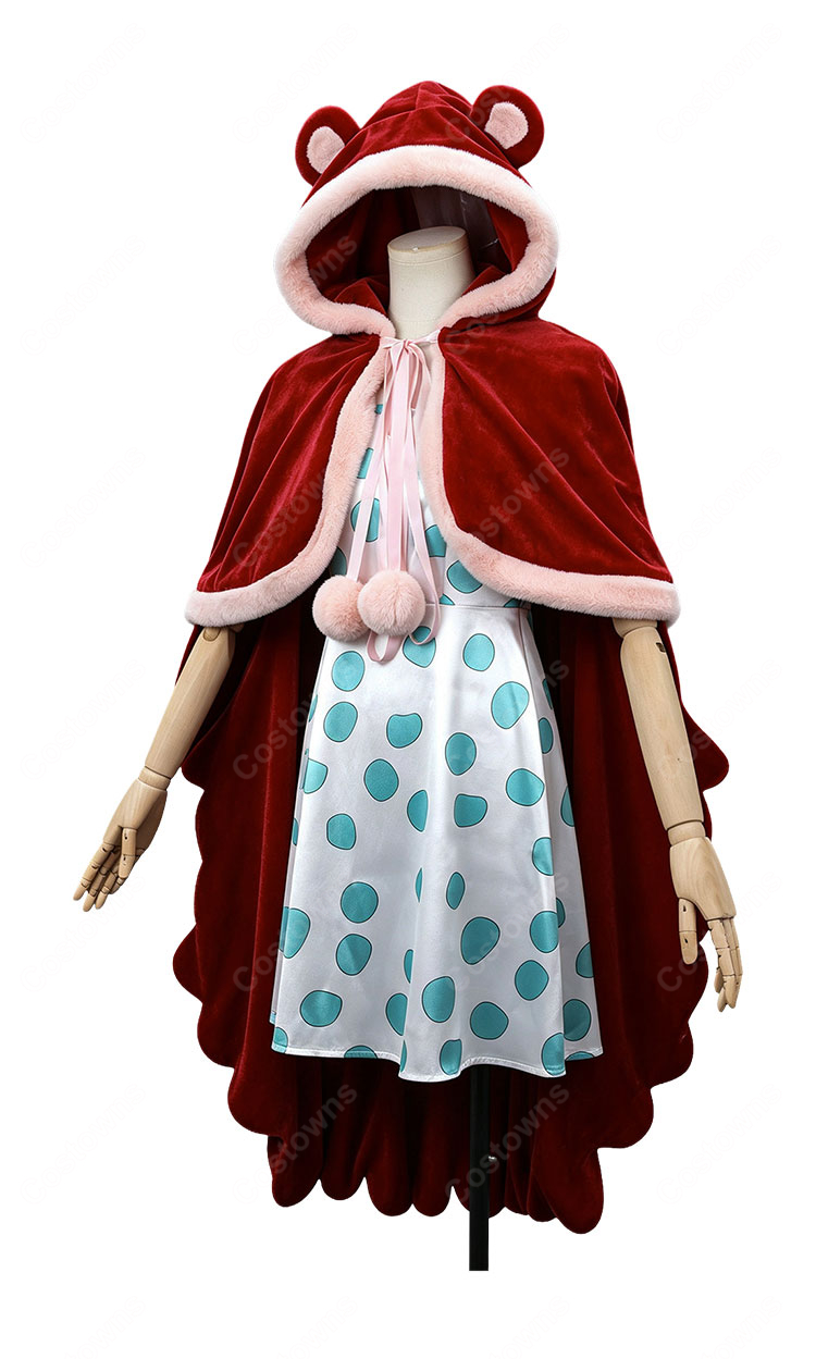 ONE PIECE ワンピース シュガー ドレスローザ編 コスプレ衣装 赤いフード付きケープ・水玉ワンピース・王冠・眼鏡フレームセット S~XXL-3