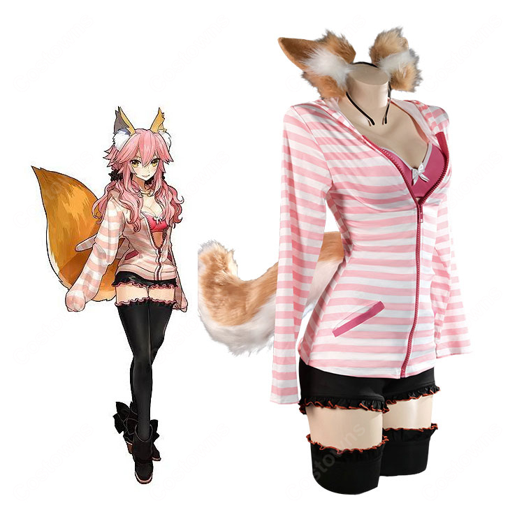 Fate/EXTRA CCC 玉藻の前 キャスター 春色の現代衣装 私服Ver. コスプレ衣装 ボーダーパーカーセット-10