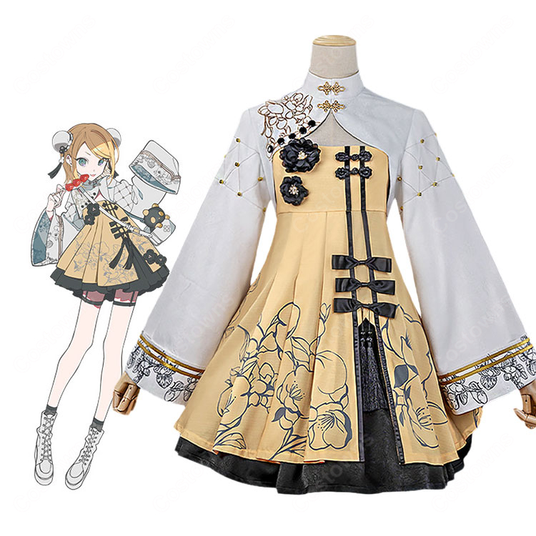 初音ミク ツリービレッジカフェ 鏡音リン チャイナ風 コスプレ衣装 トップス・スカート・髪飾り付き イベント・撮影向け-1