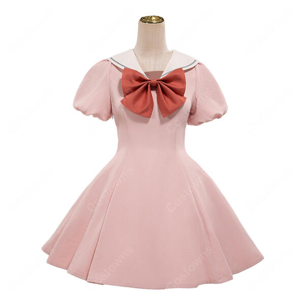 魔法少女まどか☆マギカ 鹿目まどか コスプレ衣装 ピンクの半袖ワンピース セーラーカラー 大きなリボン付き元の画像