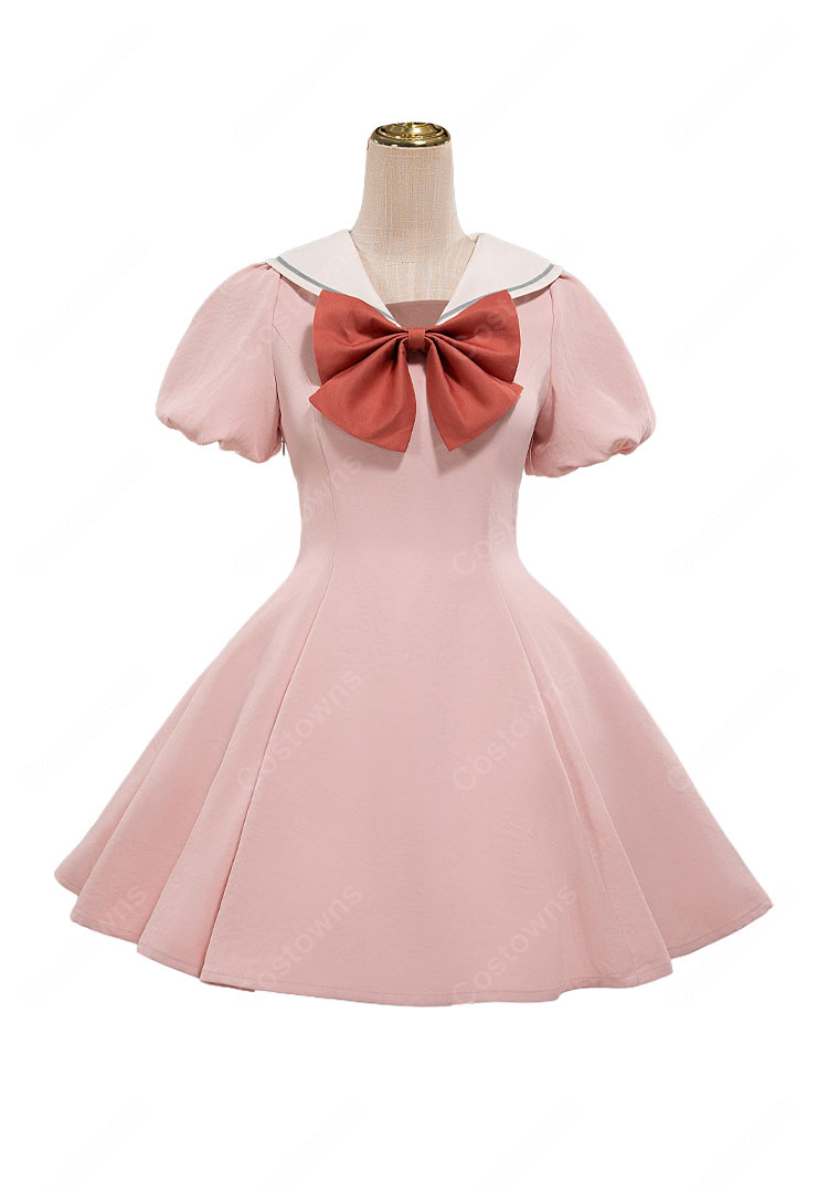 魔法少女まどか☆マギカ 鹿目まどか コスプレ衣装 ピンクの半袖ワンピース セーラーカラー 大きなリボン付き-2