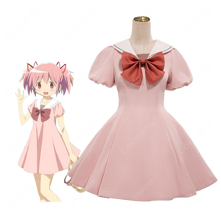 魔法少女まどか☆マギカ 鹿目まどか コスプレ衣装 ピンクの半袖ワンピース セーラーカラー 大きなリボン付き-1