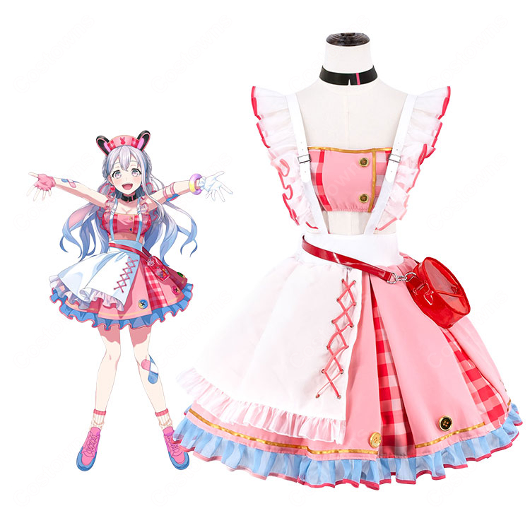 BanG Dream! 夢限大みゅーたいぷ 宮永ののか コスプレ衣装 ピンクチェック×フリル エプロン風デザイン-1