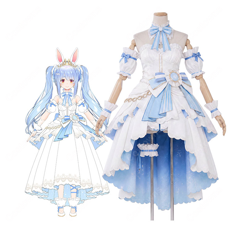 ホロライブ 兎田ぺこら ノーブルホワイト衣装 コスプレ衣装 7周年記念3D新衣装 ブルー×ホワイトドレス-1
