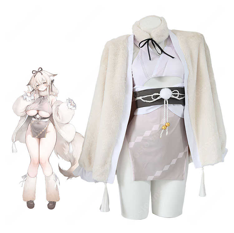 アズールレーン 水無瀬 コスプレ衣装 ファー調アウター・獣耳・チャイナドレス付き7点セット イベント撮影向け-1