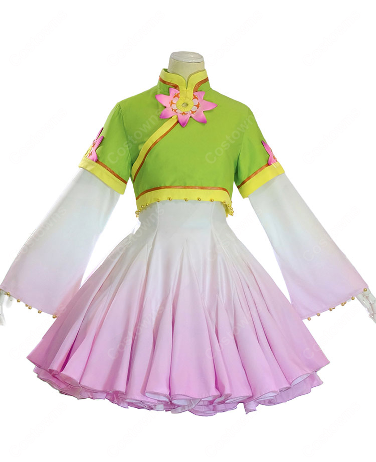 カードキャプターさくら 木之本桜 コスプレ衣装 蓮モチーフ グリーン×ピンク トップス・スカート・髪飾り3点セット-1