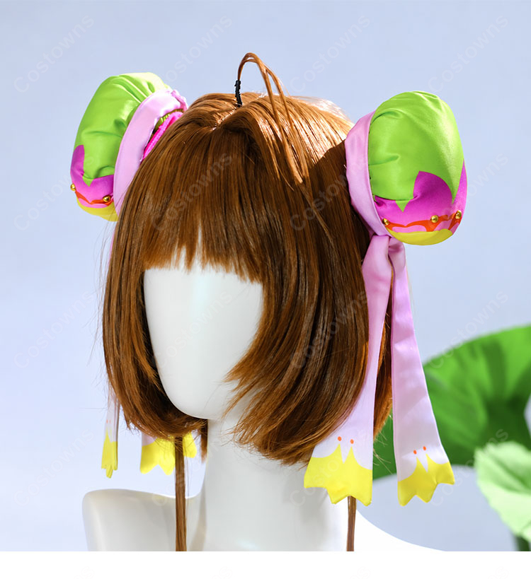 カードキャプターさくら 木之本桜 コスプレ衣装 蓮モチーフ グリーン×ピンク トップス・スカート・髪飾り3点セット-5