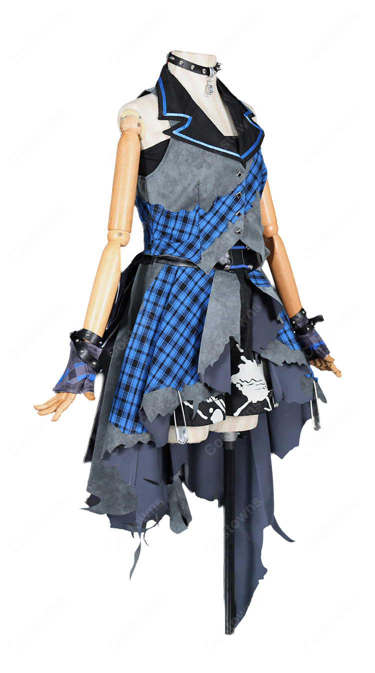 ガールズバンドクライ 河原木桃香 コスプレ衣装 ブルーチェック×ブラック アシンメトリー衣装セット 撮影・イベント向け-3