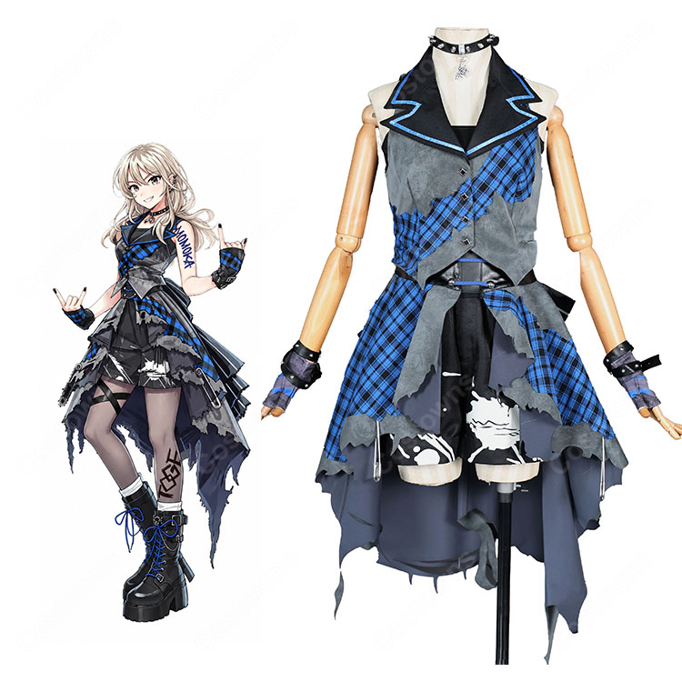 ガールズバンドクライ 河原木桃香 コスプレ衣装 ブルーチェック×ブラック アシンメトリー衣装セット 撮影・イベント向け-1