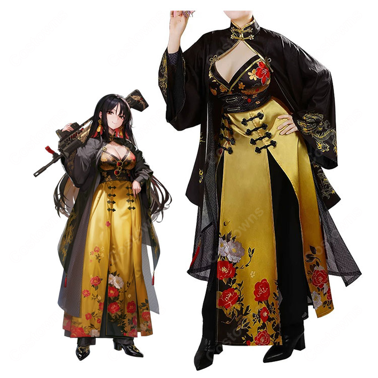 勝利の女神:NIKKE モラン コスプレ衣装 通常衣装 黒×ゴールド チャイナ風アウター&ワンピースセット-1