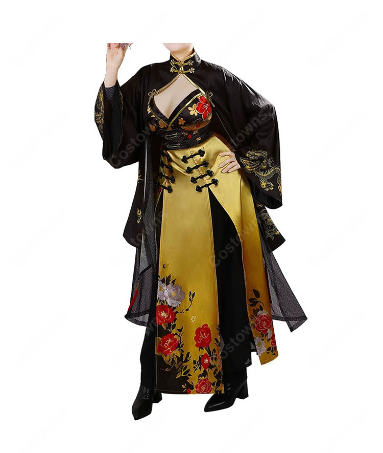 勝利の女神:NIKKE モラン コスプレ衣装 通常衣装 黒×ゴールド チャイナ風アウター&ワンピースセット-2