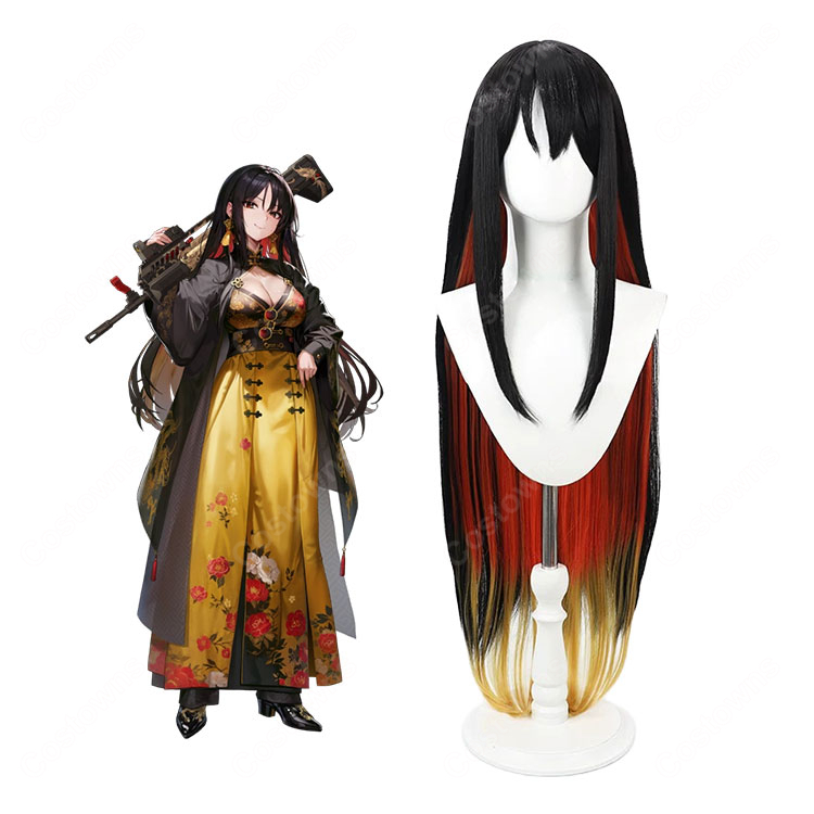 勝利の女神:NIKKE モラン コスプレウィッグ ロングストレート 黒×赤×ゴールドグラデーション ウィッグネット付き-1